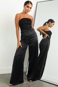 Black Strapless Button Bodice Satin Jumpsuit