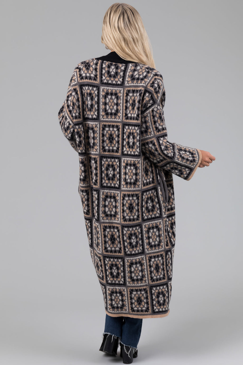 Black Square Pattern Long Open Cardigan