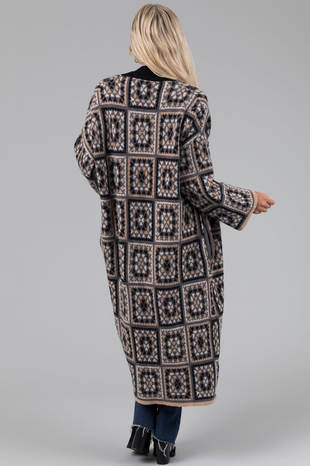 Black Square Pattern Long Open Cardigan